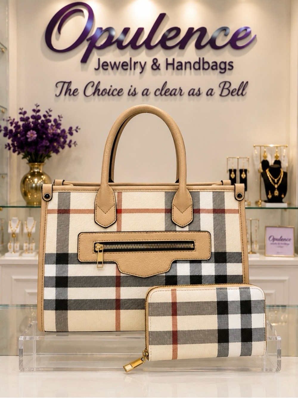 2pc Tan Plaid Handbag Set